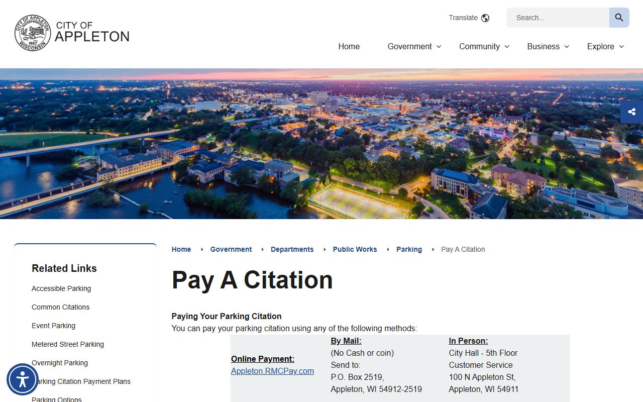 Appleton Traffic Court Records citation payment page