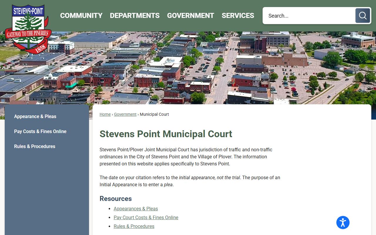 Stevens Point Traffic Court Records joint municipal court page
