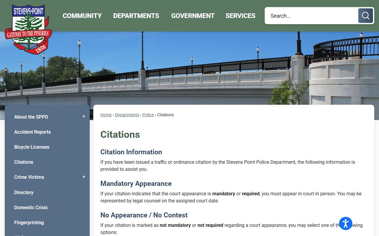 Stevens Point Traffic Court Records citations page