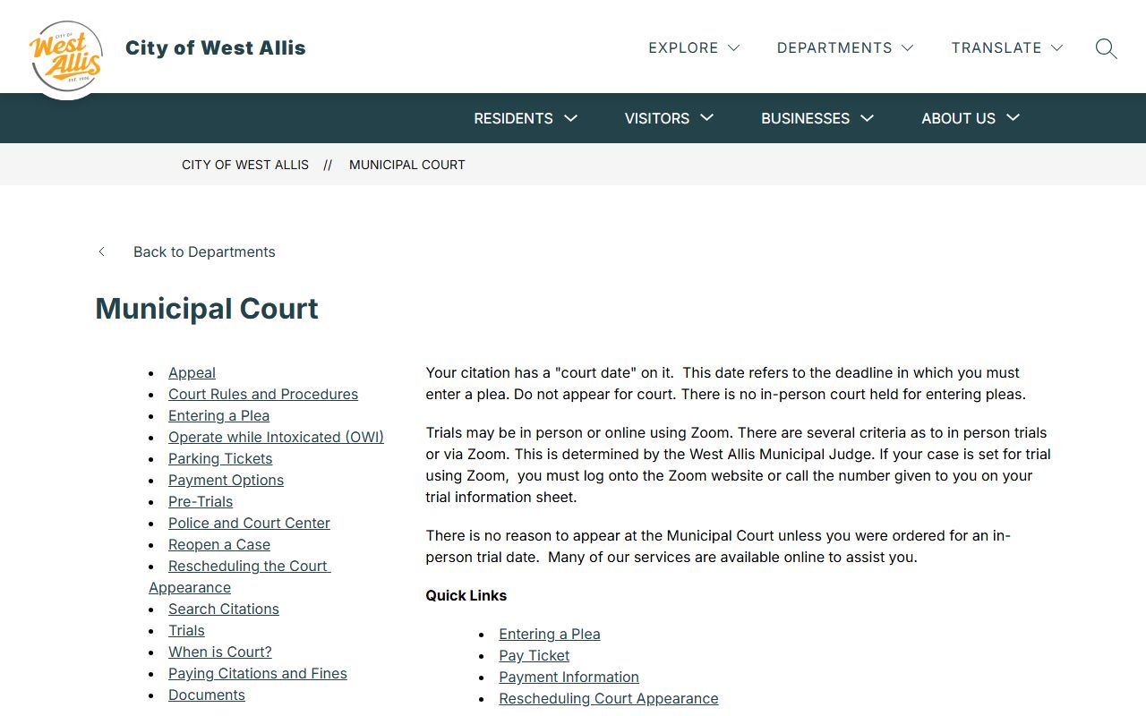 West Allis Traffic Court Records municipal court page