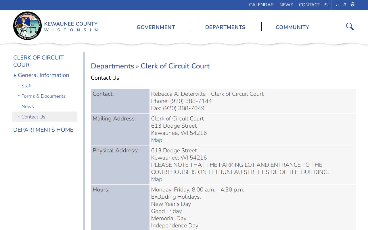 Kewaunee County Traffic Court Records clerk contact