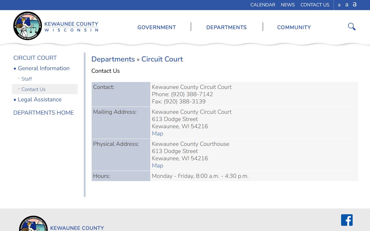 Kewaunee County Traffic Court Records circuit court contact