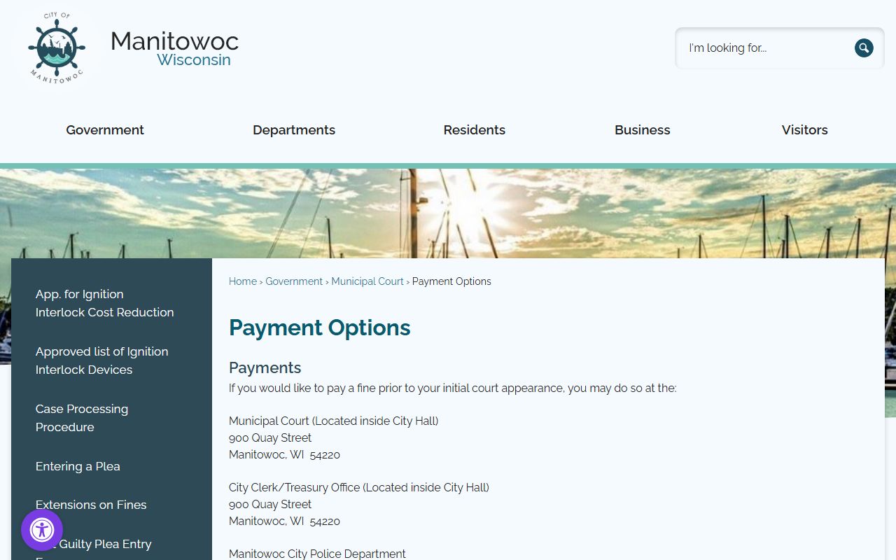 Manitowoc Traffic Court Records payment options page