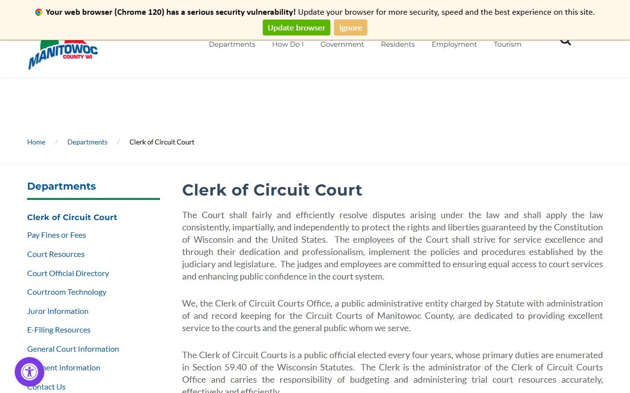 Manitowoc Traffic Court Records county clerk page