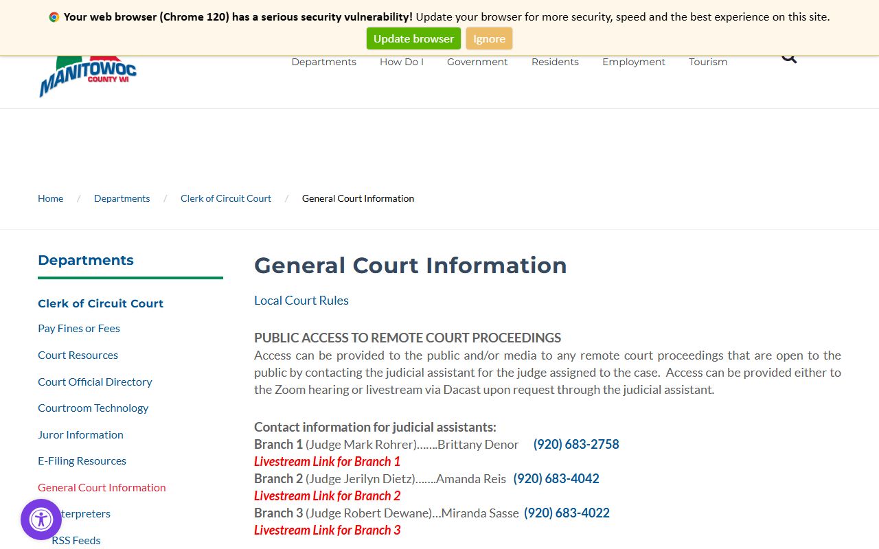 Manitowoc Traffic Court Records county clerk contact page
