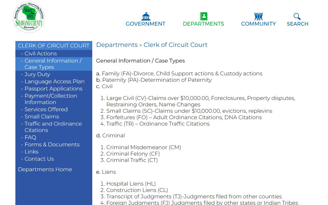 Shawano County Traffic Court Records case types