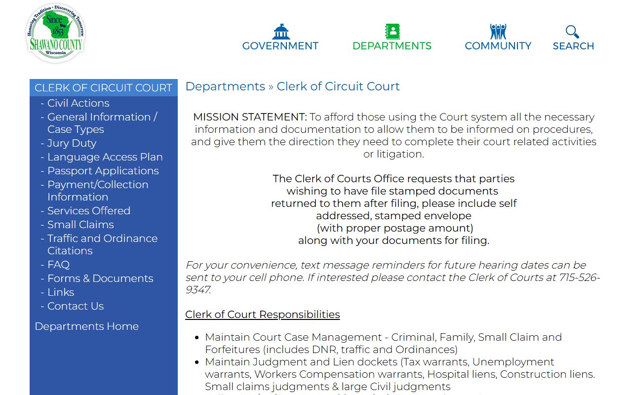 Shawano County Traffic Court Records clerk office
